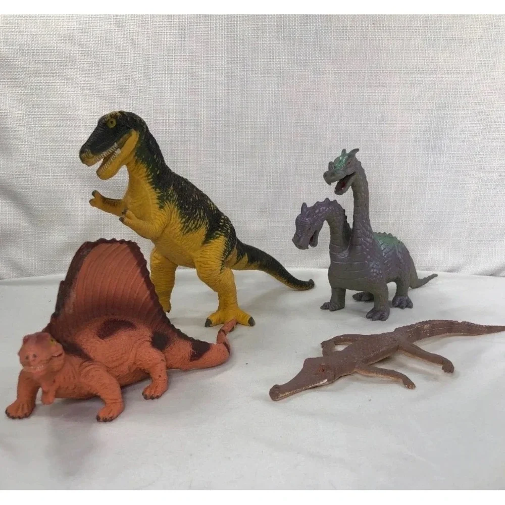 Vintage Dinosaur Toy Figure Lot T-Rex Dimetrodon Two Headed Dragon Crocodile 4pc